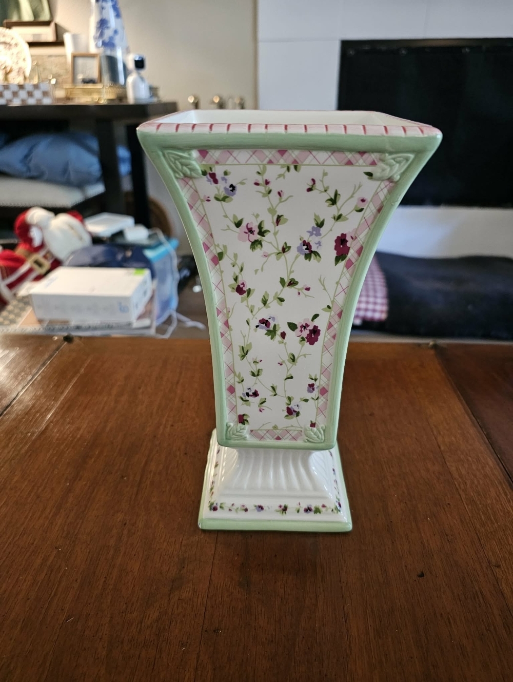 Laura Ashley Green/Pink Floral Design Ceramic Flower Vase.